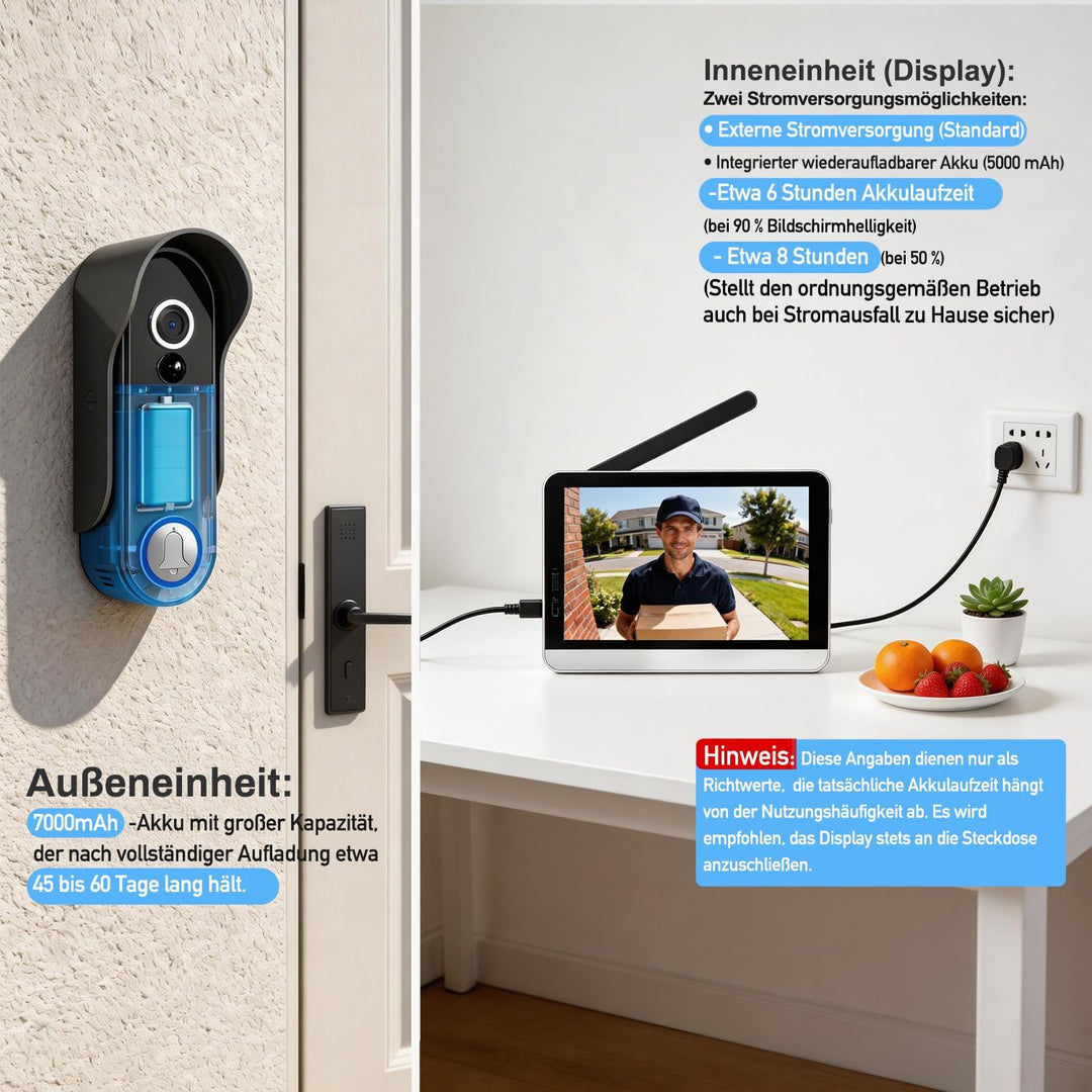 WLAN Kabellose Video Türsprechanlage mit 7 Zoll 1080p Touchscreen, Bewegungserkennung, Zwei-Wege Aud