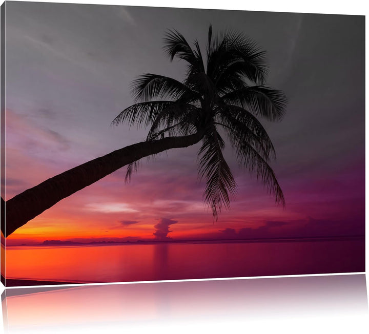 Pixxprint Palme am Meer mit Sonnenuntergang als Leinwandbild/Grösse: 100x70 / Wandbild/Kunstdruck/fe