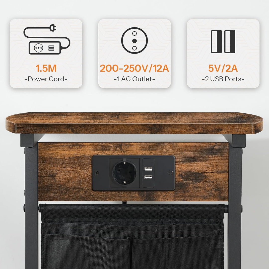 HOOBRO C-Form Beistelltisch mit Ladestation, Couchtisch mit gebogener Platte, Sofatisch mit Vliestas