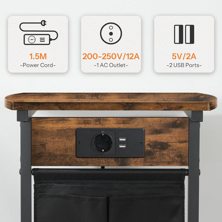HOOBRO C-Form Beistelltisch mit Ladestation, Couchtisch mit gebogener Platte, Sofatisch mit Vliestas