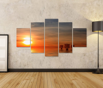 Bild auf Leinwand Wikinger Schiffe Wandbild Poster Kunstdruck Bilder Format: 170x80cm - 5 Teile, For