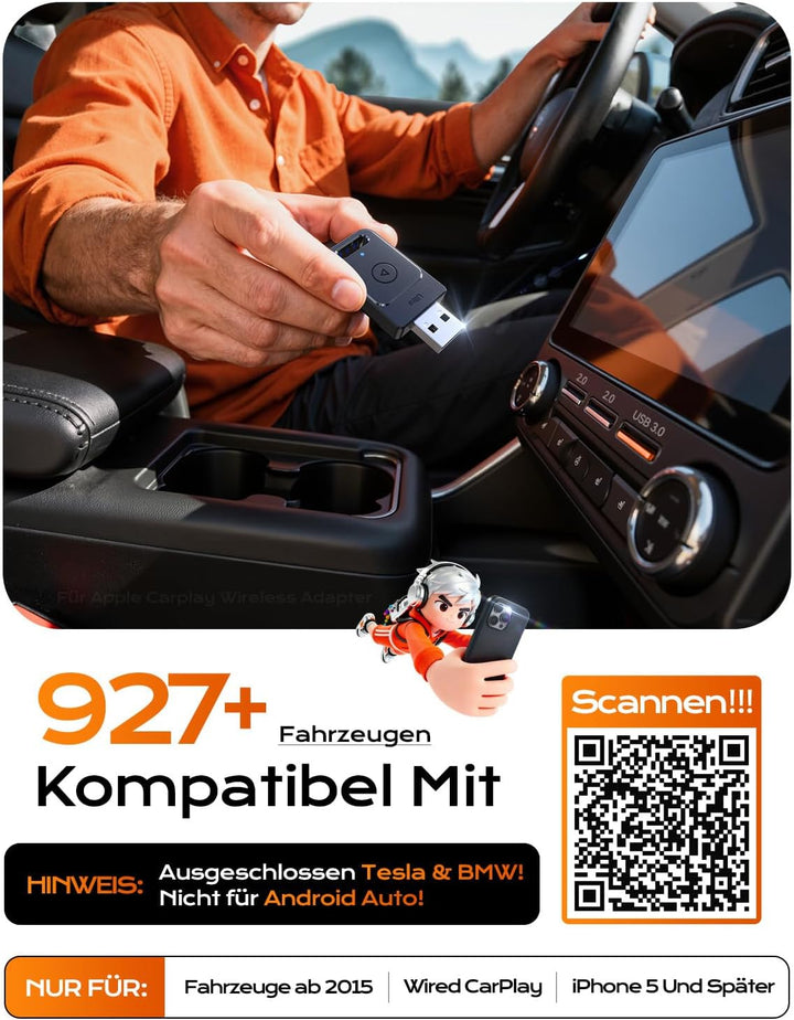 für Apple Carplay Wireless Adapter, 3X Verbindung, Mini Keine Latenz Wireless Carplay Adapter, Plug