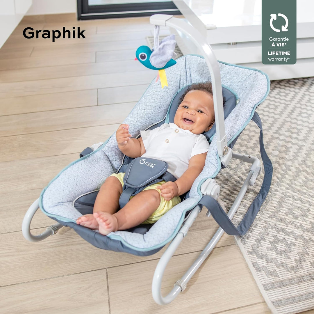 Babymoov Babywippe Graphik blue, 5-fach verstellbare Rückenlehne, abnehmbarer Spielbogen, Blue