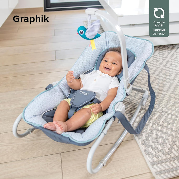 Babymoov Babywippe Graphik blue, 5-fach verstellbare Rückenlehne, abnehmbarer Spielbogen, Blue