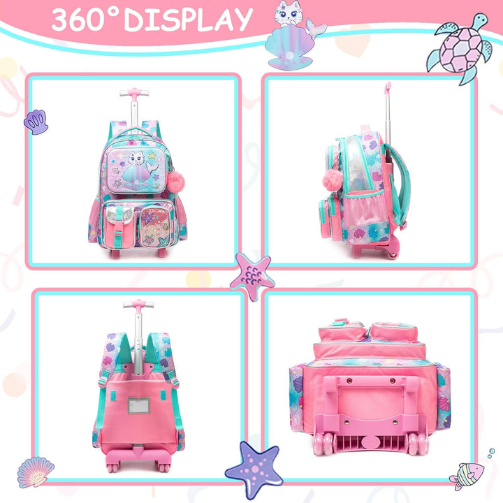 HTgroce Schulranzen Trolley Mädchen Meerjungfrau Rolling Backpack for Girls Einhorn Rucksack Mit Rol