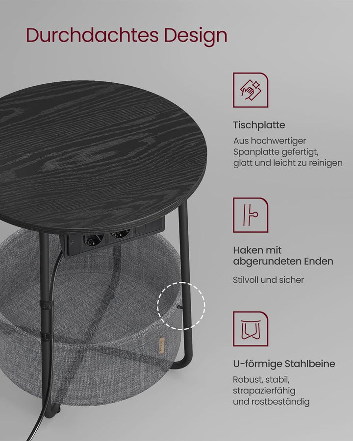 VASAGLE Beistelltisch rund, Kleiner Tisch, Couchtisch mit Steckdose, Wohnzimmertisch, Korb aus Stoff