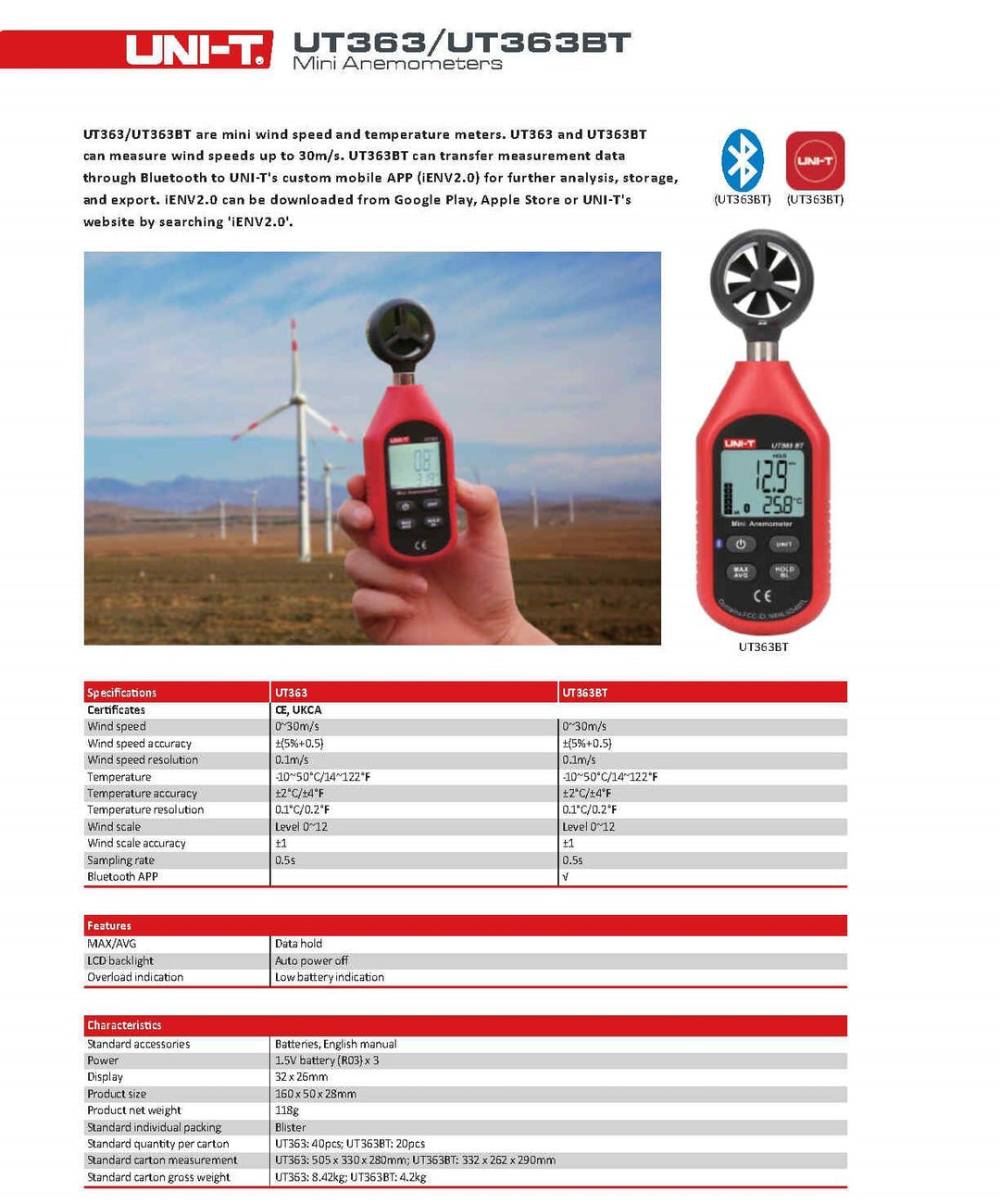UNI-T UT363 UT363BT Mini-Handheld Anemometer mit Bluetooth Digital Wind Anemometers Speed Measuremen