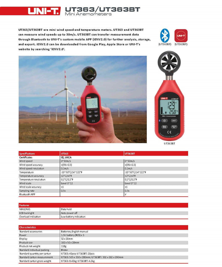 UNI-T UT363 UT363BT Mini-Handheld Anemometer mit Bluetooth Digital Wind Anemometers Speed Measuremen
