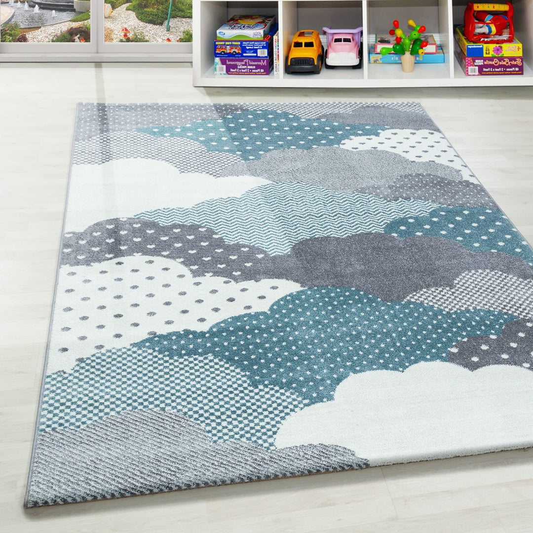 Teppium Kinderteppich für Mädchen und Jungen Wolken Design 80 x 150 cm Blau - Waschbarer Teppich Wei