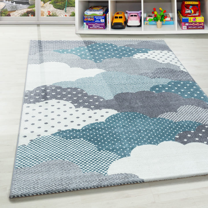 Teppium Kinderteppich für Mädchen und Jungen Wolken Design 80 x 150 cm Blau - Waschbarer Teppich Wei