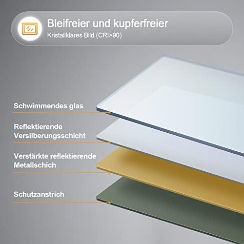 BD-Baode Runder Badspiegel mit Beleuchtung, 60x60 cm Badezimmerspiegel mit Touch Schalter und Uhr,LE