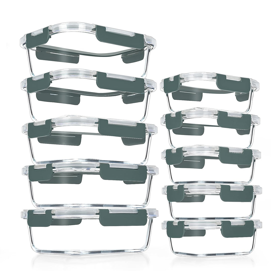VERONES 10 Stück Glas Crisper Set, luftdichte Glas-Lunchbehälter, Abgedichtete & stapelbare Glasbehä