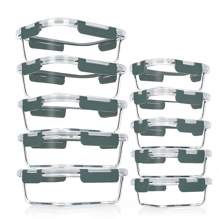 VERONES 10 Stück Glas Crisper Set, luftdichte Glas-Lunchbehälter, Abgedichtete & stapelbare Glasbehä