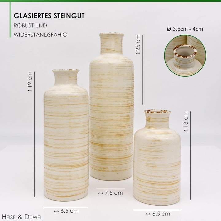 Heise &amp; Düwel | 3er Vasen Set | Rustikaler Stil | Boho Vase Beige | Blumenvase Modern | Kleine Vasen