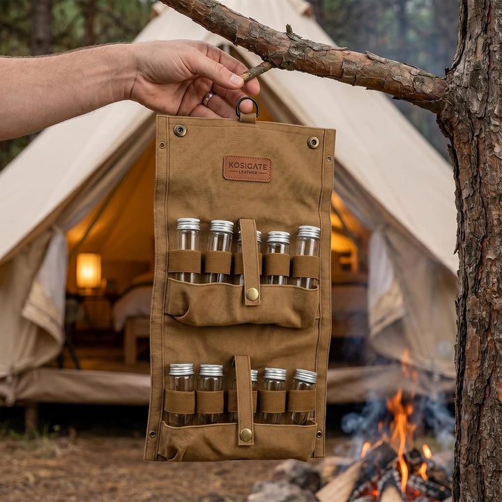 Tragbare Gewürztasche aus Segeltuch mit 10 Glasflaschen Camping Gewürzset für Outdoor BBQ, Picknick,