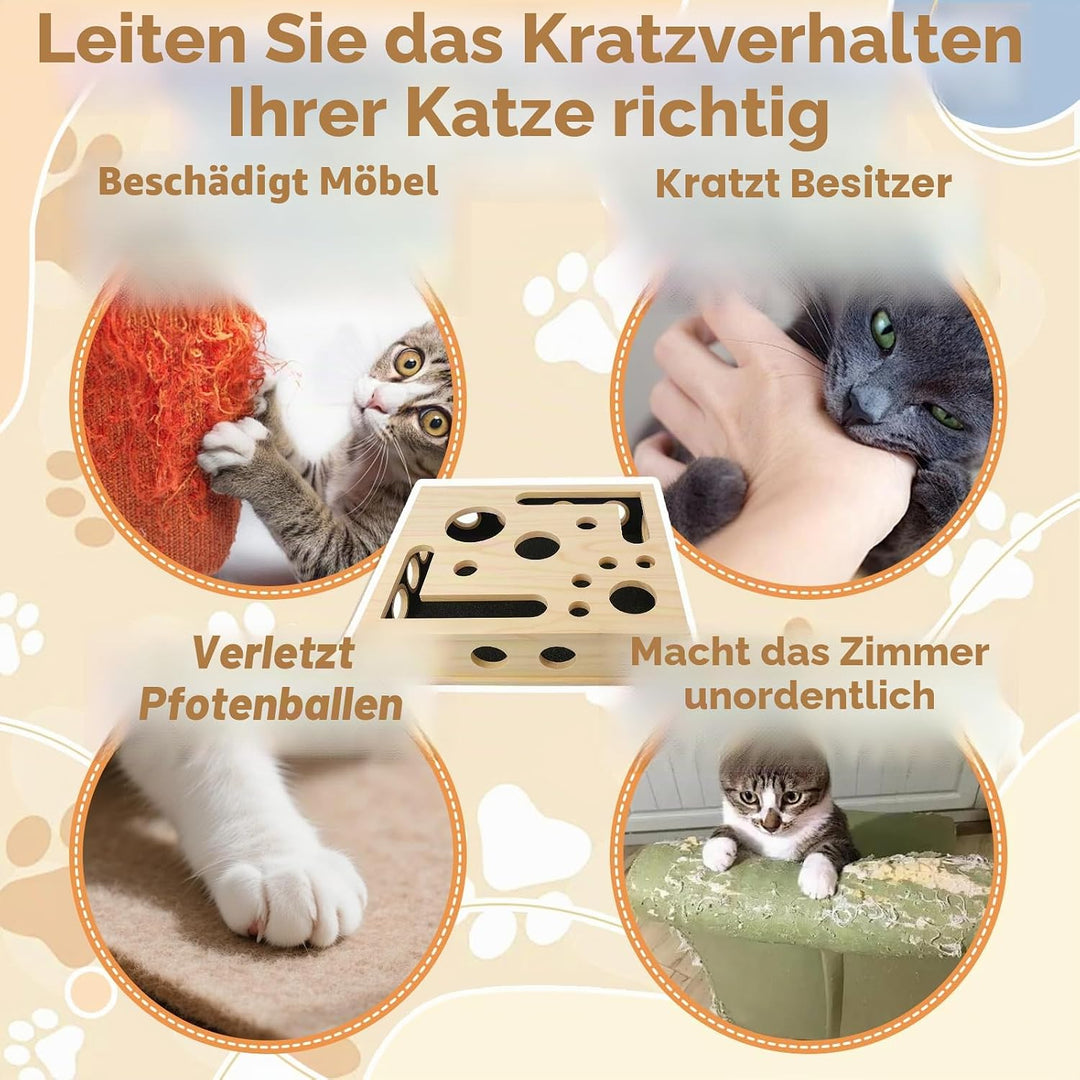 Kratzbretter Katze Katzenkratzpuzzle Anreicherungsbox, Massivholz Katzen Kratzbrett mit Lustigen Löc