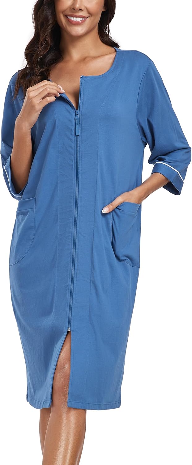 COLORFULLEAF 100% Baumwolle Morgenmantel Damen Leicht Bademantel Damen 3/4 Ärmel mit Reissverschluss