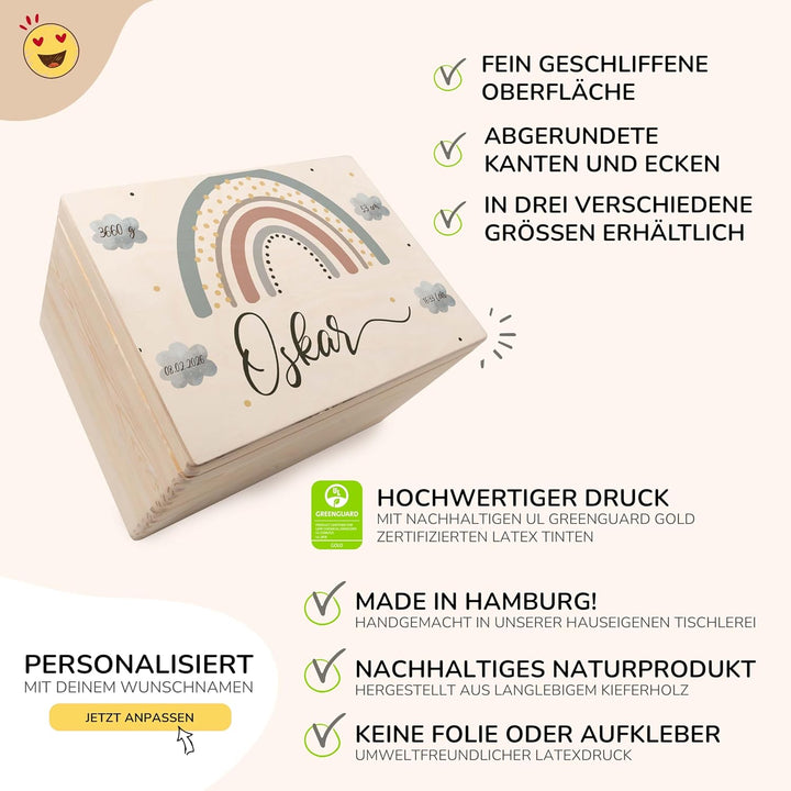KIDSMOOD - Erinnerungsbox Baby, personalisierte Holzkiste mit Deckel, Ideal zur Aufbewahrung von Eri