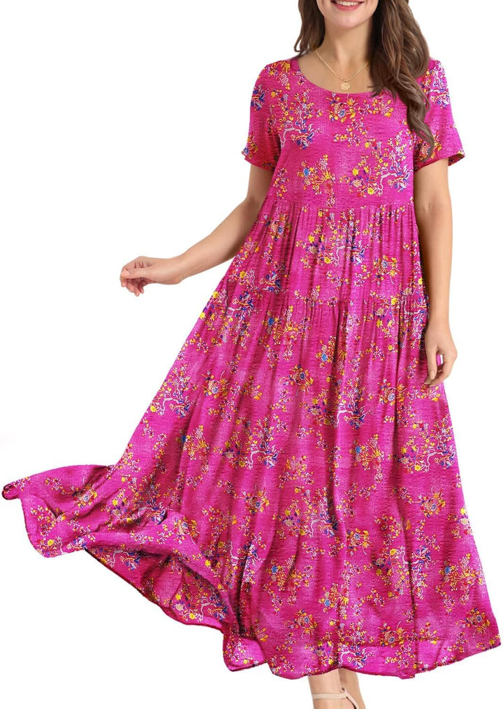 YESNO Damen Kleider Freizeit Lose Sommerkleid Lang Boho Maxikleid für Rundhals Strandkleid Blumenkle