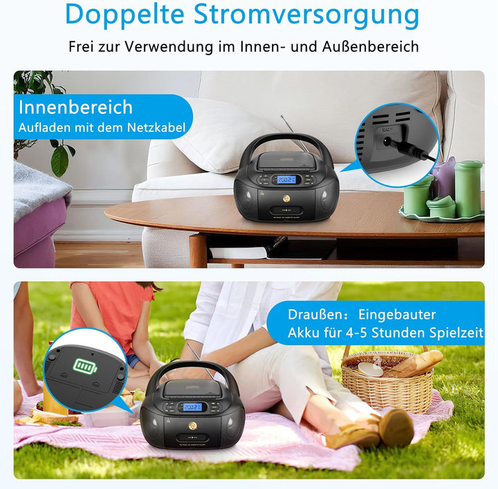 Hernido CD-Player mit Kassette, CD Boombox mit Bluetooth, UKW-Radio, Eingebauten Stereo-Lautsprecher
