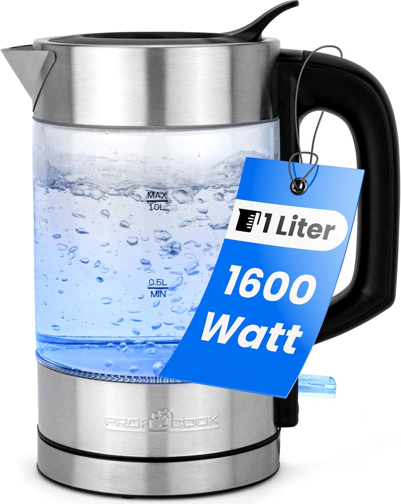 ProfiCook Wasserkocher Glas Edelstahl mit LED Beleuchtung 1 Liter, hitzebeständiger Glaswasserkocher