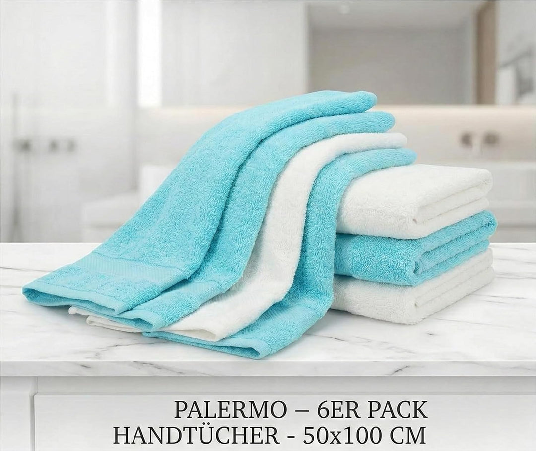 Betz 6 Stück Handtücher Palermo 100% Baumwolle Grösse 50 x 100 cm Handtuch Set Farbe weiss und türki