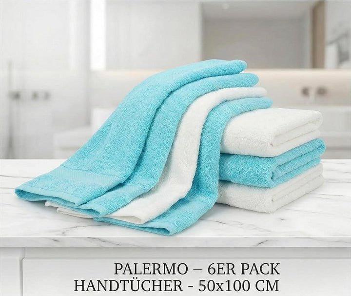 Betz 6 Stück Handtücher Palermo 100% Baumwolle Grösse 50 x 100 cm Handtuch Set Farbe weiss und türki