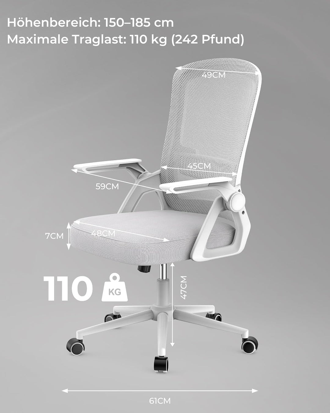rattantree Schreibtischstuhl Ergonomischer Grau für Zuhause Büro | Bürostuhl mit Verstellbaren Armle