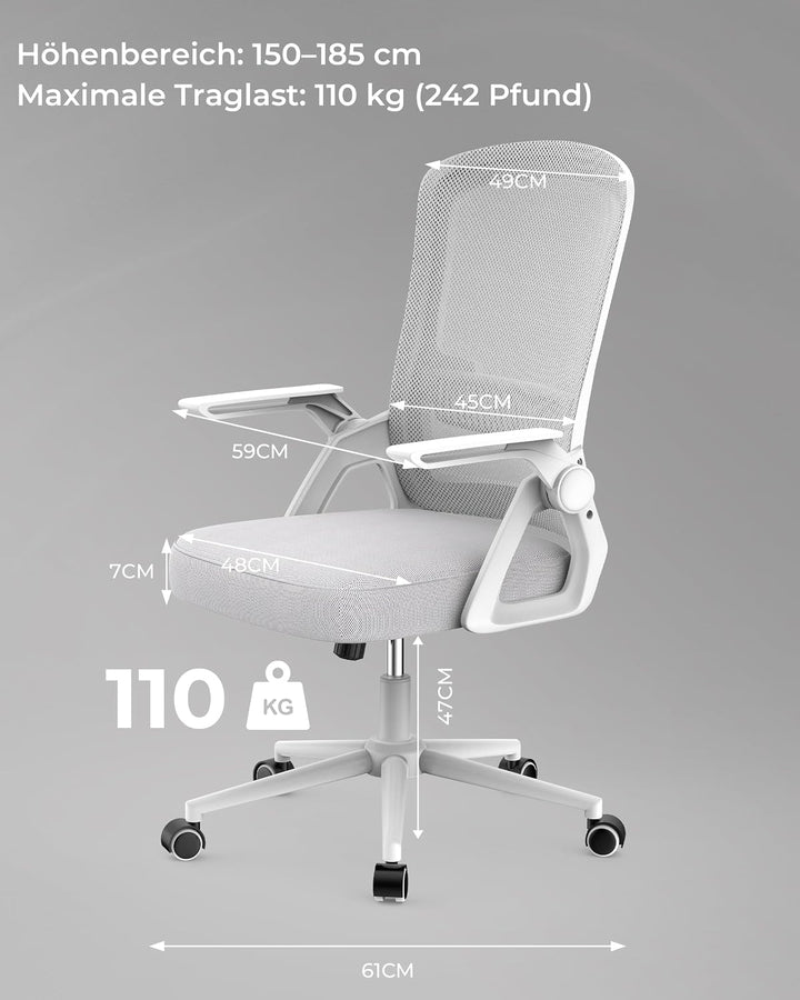 rattantree Schreibtischstuhl Ergonomischer Grau für Zuhause Büro | Bürostuhl mit Verstellbaren Armle