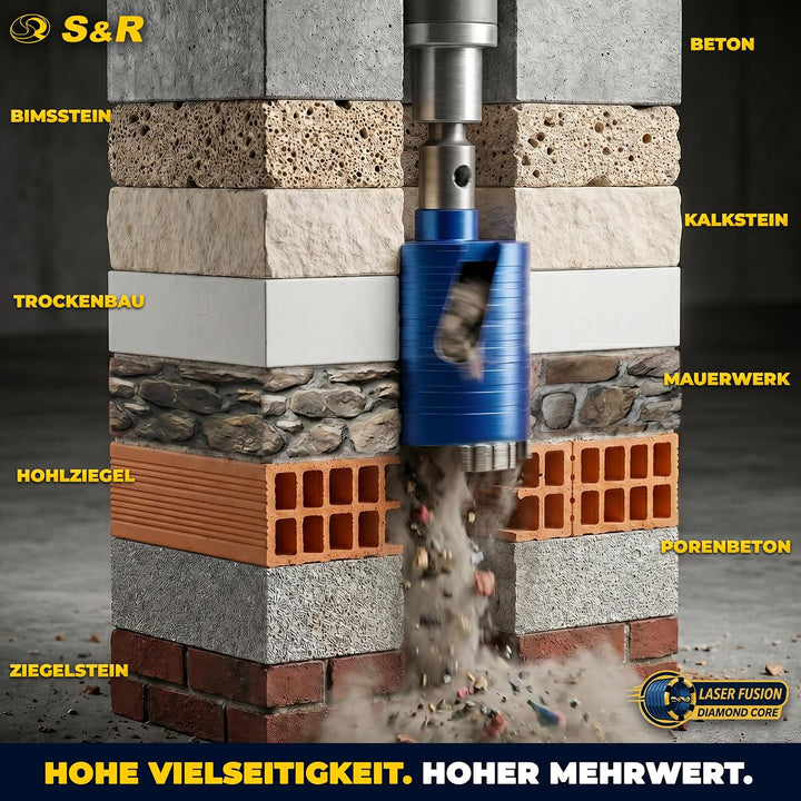S&R Diamantbohrkrone - SET 82mm, Dosensenker, Kernbohrkrone, Segmenthöhe 10mm, mit Zentrierbohrer 8x