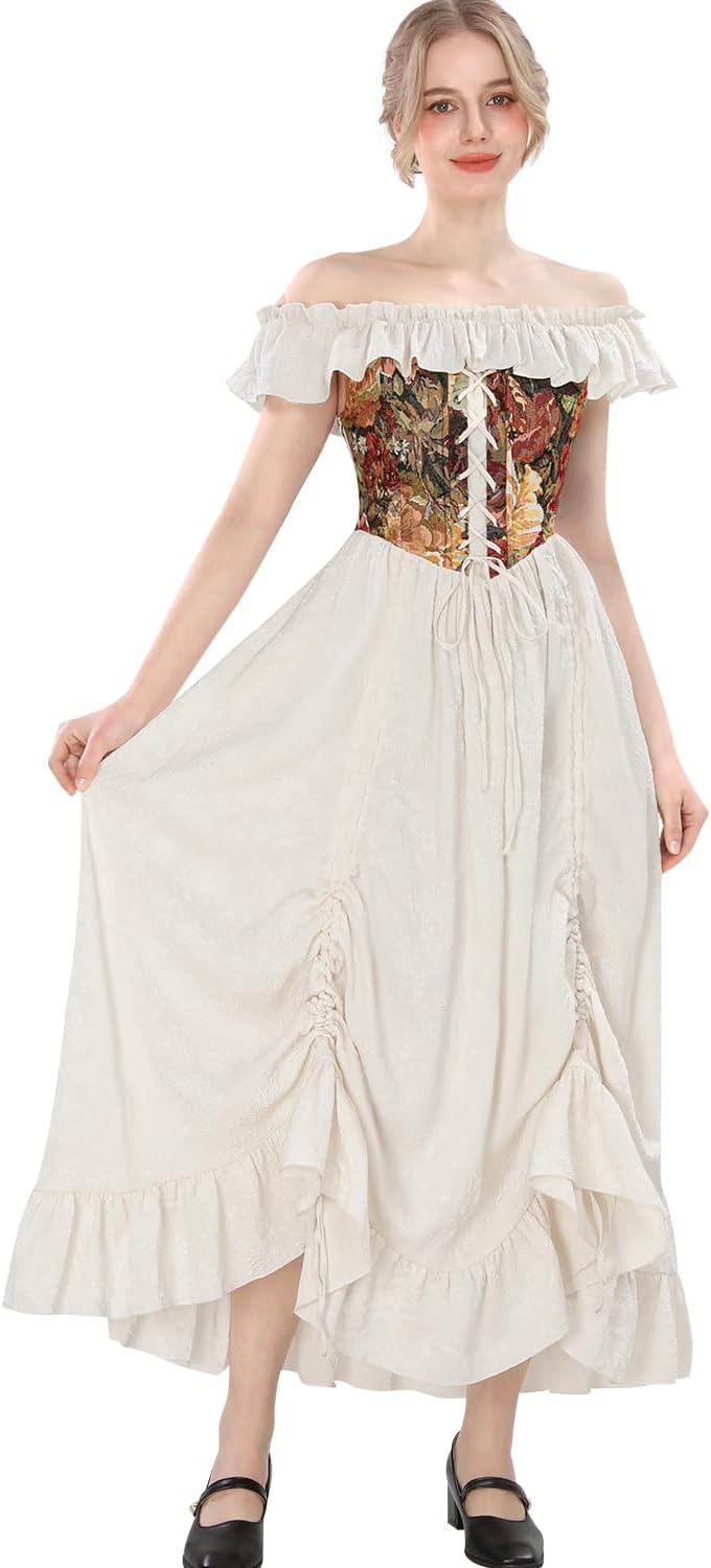 Fiamll Viktorianisches Kleid Rokoko Mittelalter Königin Kostüm Damen Puffärmel mit Bodenlänge Kleide