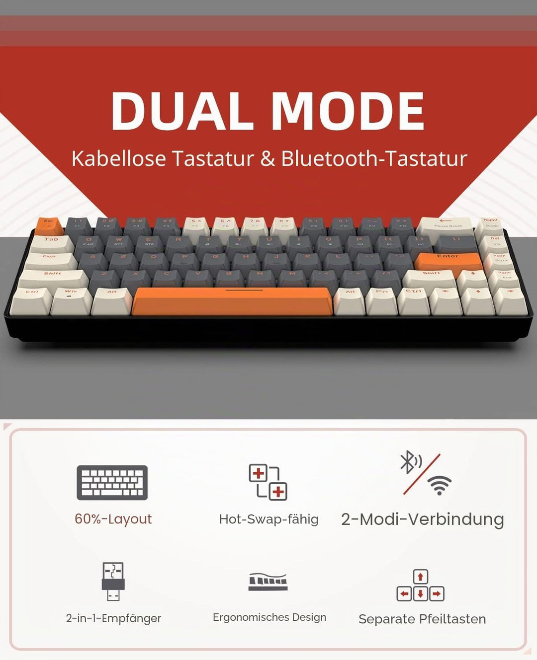MAGIC-REFINER RK68 Kabellose Mechanische Gaming-Tastatur, Dual-Mode 2.4G Wireless/Bluetooth, 60% Pro