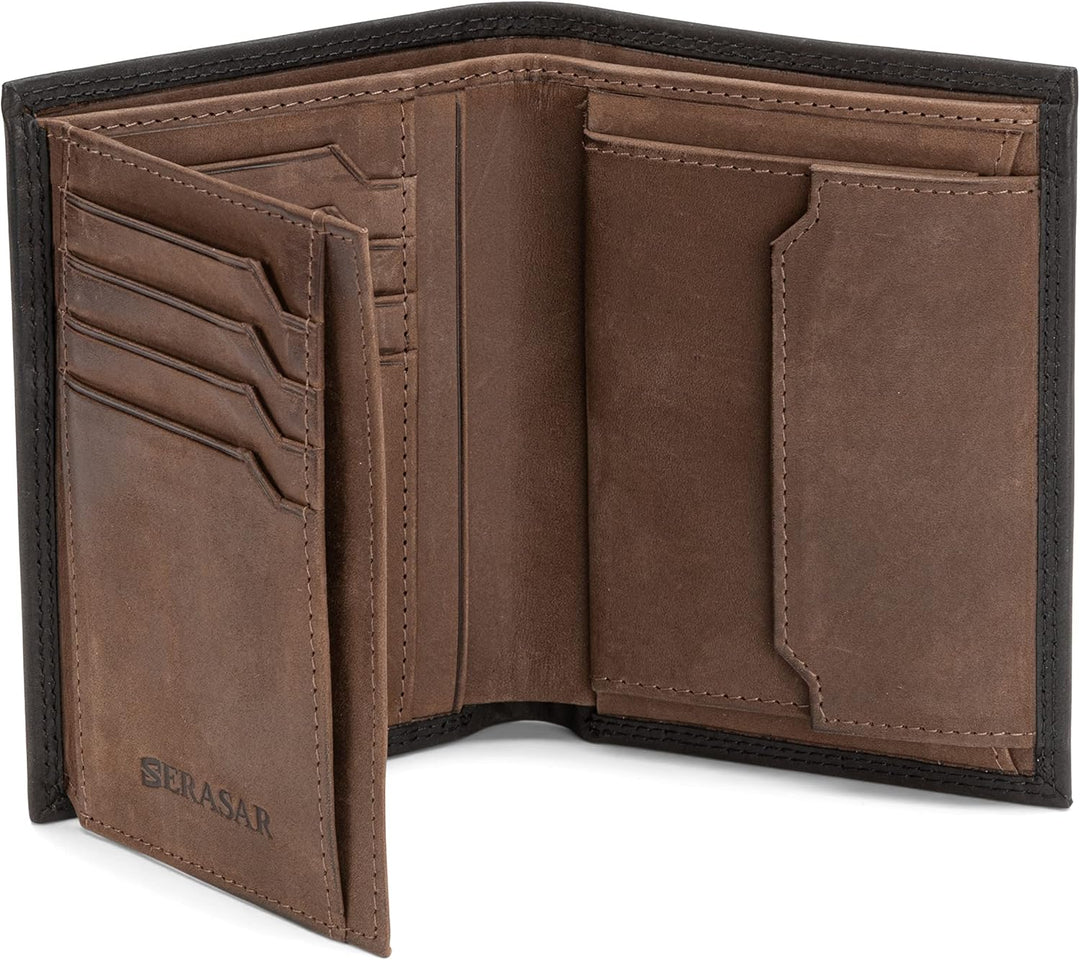 SERASAR | Leder Geldbeutel Herren [Vintage] mit RFID Schutz | Schwarz/Braun | Echtleder | 12 Kartenf