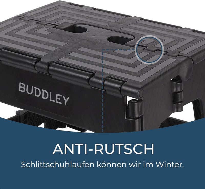 BUDDLEY Tritthocker klappbar – 23 cm hoher Tritt mit Anti-Rutsch-Design - Tragfähigkeit bis 99 kg -