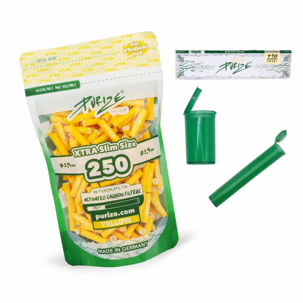 PURIZE 250 Stück Xtra Slim Size 6mm (5,9mm) Aktivkohlefilter mit 2 Keramikkappen inkl. Joint Tube, P