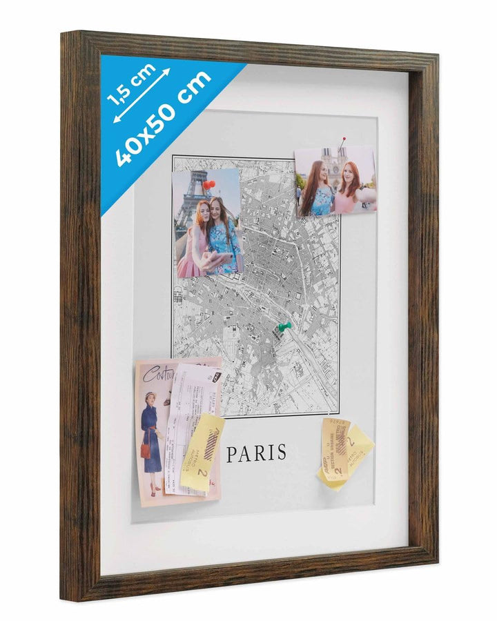 PHOTOLINI 3D Bilderrahmen zum Befüllen 40x50 Eiche dunkel gross, 1,5 cm tiefer Objektrahmen mit Glas