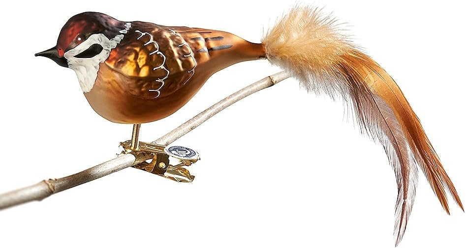 Glas-Vogel, Feldsperling mit Naturfeder, Glasschmuck Made in Germany aus eigener Herstellung, deko V