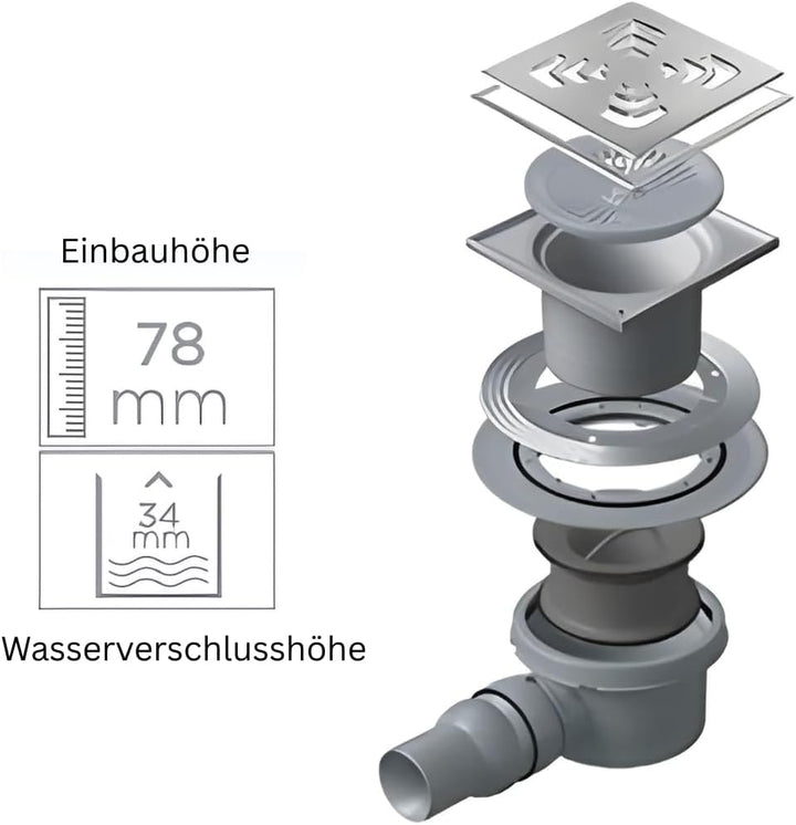 Confluo Bodenablauf Punktablauf 15x15 cm Edelstahlrost – wählbare Abdeckungen u. Ablaufgarnitur (DN
