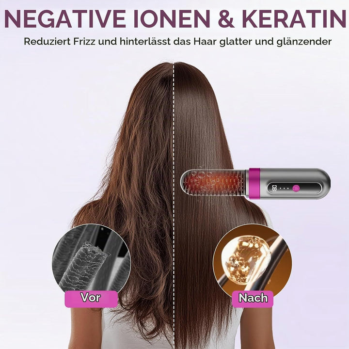 Tragbare Glättungsbürste für Haarstyling, Bwaliffury Kabellose Glättbürste, 4000mAh Wiederaufladbare