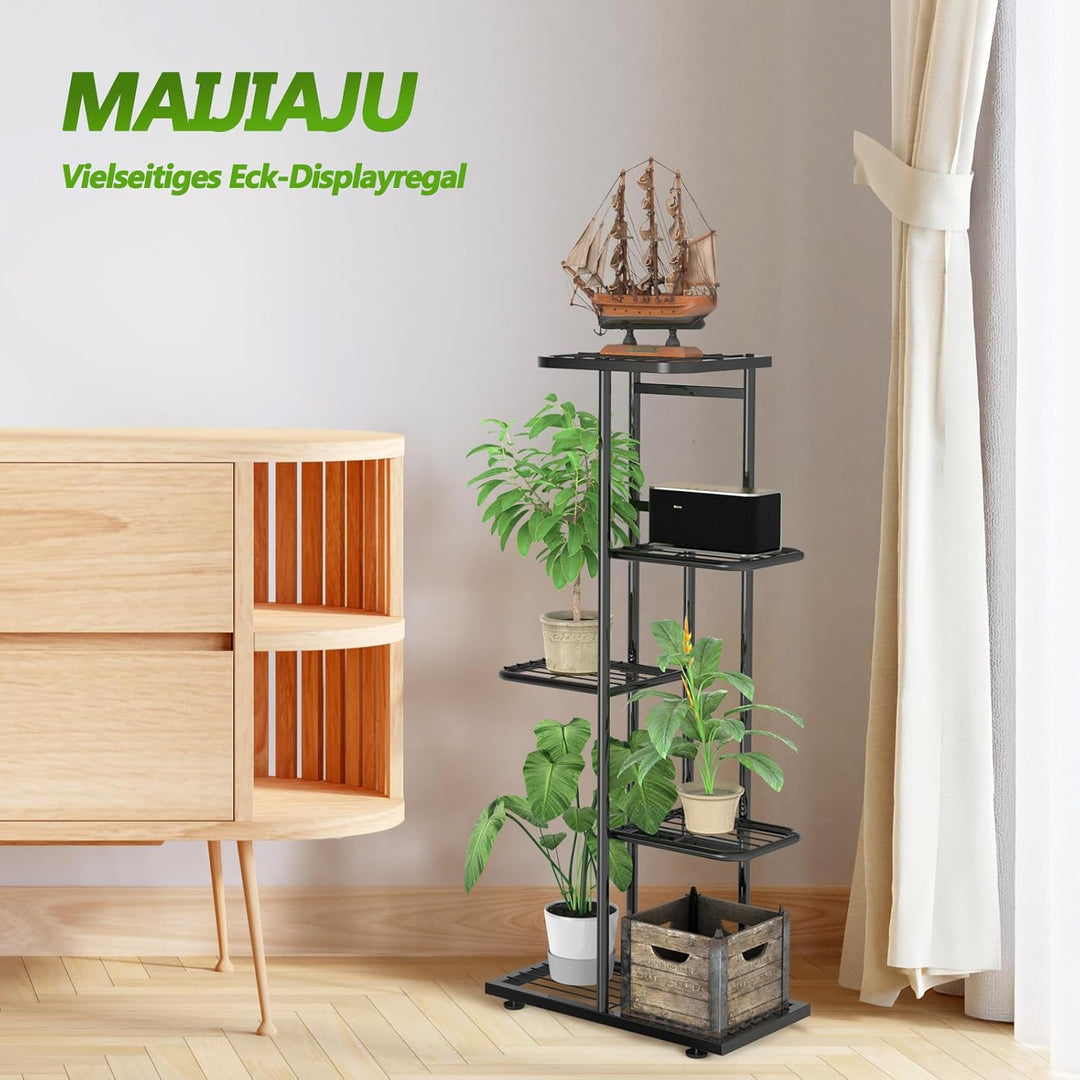 MAIJIAJU 5 Etagen Blumenständer Metall Schwarz mit Gartengeräte und Handschuhe, 95cm Ecke Blumenrega