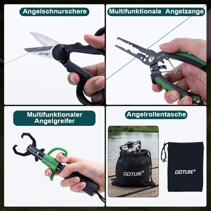 Goture Angelset Komplett (24T Carbon), 2 Teleskop-Brandungsrute aus Kohlefaser & Spinnrolle mit 9+1