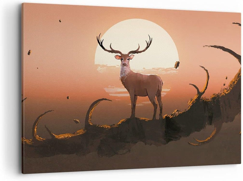 ARTTOR Bilder auf Leinwand 100x70cm Leinwandbild Hirsch Geweih Hörner Gross Wanddeko Bild Schlafzimm