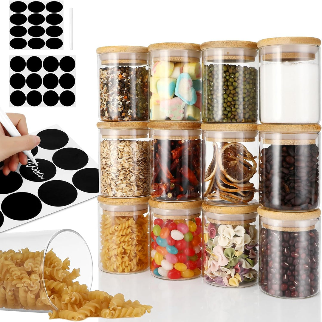 Auauraintt runde Gewürzgläser,12 x 210 ml Set - Küche Glas-Gewürzdosen mit Hochwertigem Holzdeckel a