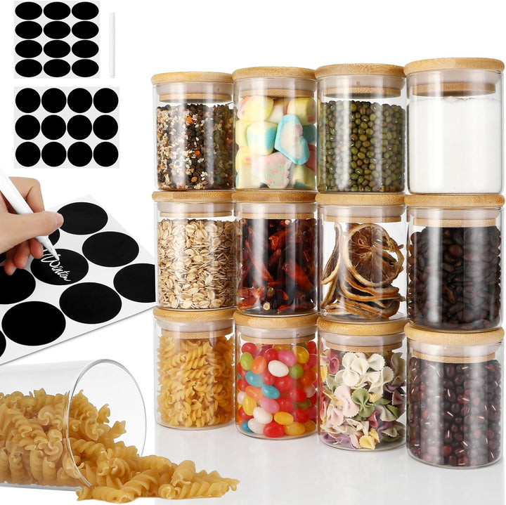 Auauraintt runde Gewürzgläser,12 x 210 ml Set - Küche Glas-Gewürzdosen mit Hochwertigem Holzdeckel a