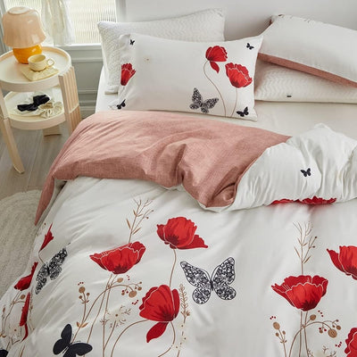 Luofanfei Bettwäsche 155x220cm Blumen Schmetterling Rot Weiss Altrosa Bettwäsche Set Microfaser Pfla