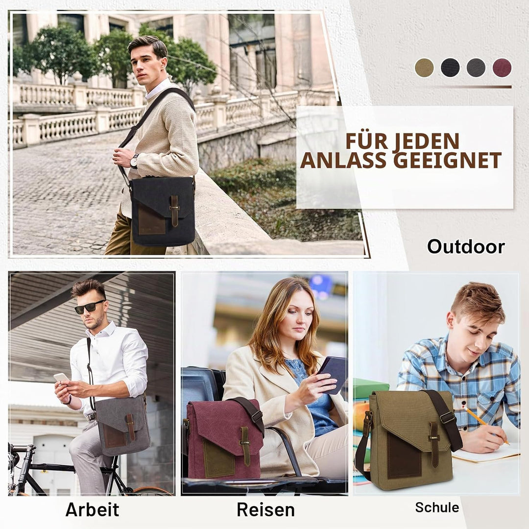 VASCHY Klein Umhängetasche Herren, Vintage Leinwand Herrentasche Echtes Leder Schultertasche Klassis