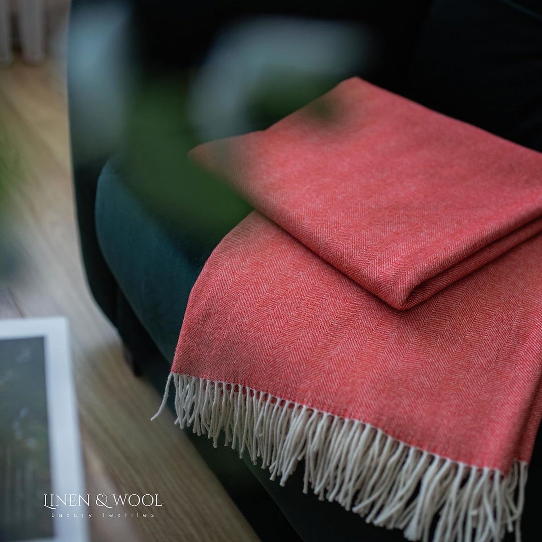 Linen & Cotton Decke Wolldecke Merino Wolle Wohndecke Kuscheldecke Stonewold mit Fischgrätenmuster -