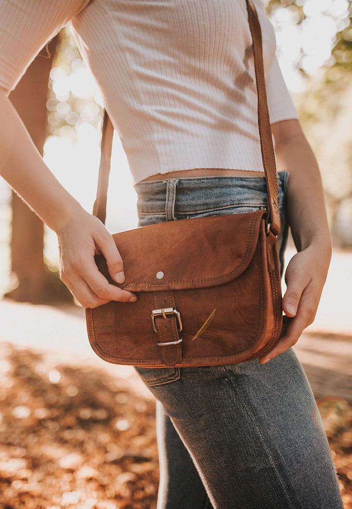 Gusti Umhängetasche Leder - Mary S Damen Handtasche Umhängetasche klein Vintage Braun Leder Braun M,