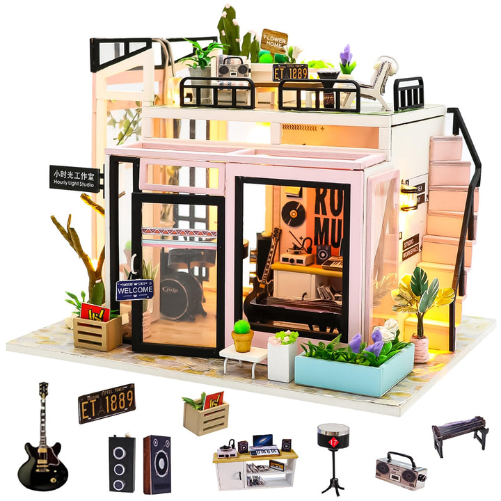 Spilay Miniatur Haus, Zeit-Studio DIY Miniature House mit LED-Licht, 3D Holz Puppenhaus Bastelset zu