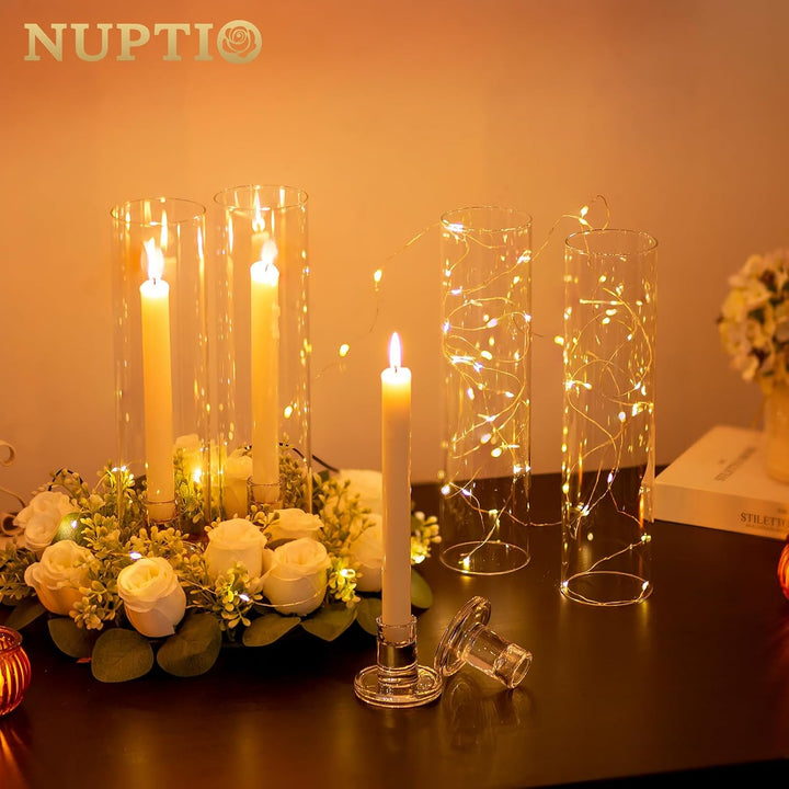 NUPTIO Glaszylinder für Kerzen Kerzenhalter Klarglas - Satz von 2 Kerzenständer Stabkerzen Stabkerze
